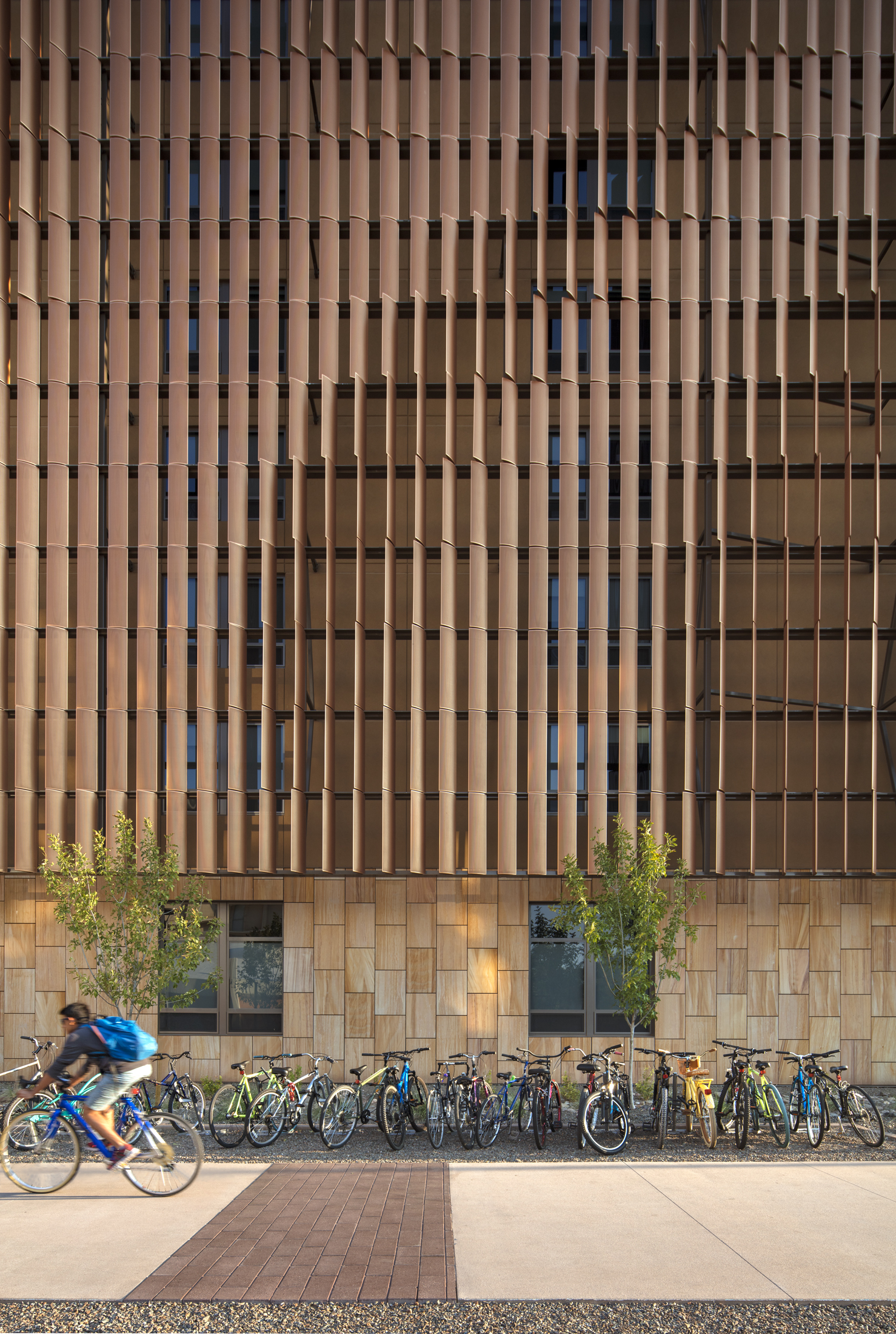 Metal rain screen systems on the exterior of SCB's Tooker House. Architecture. Campus Environments. Student Housing.